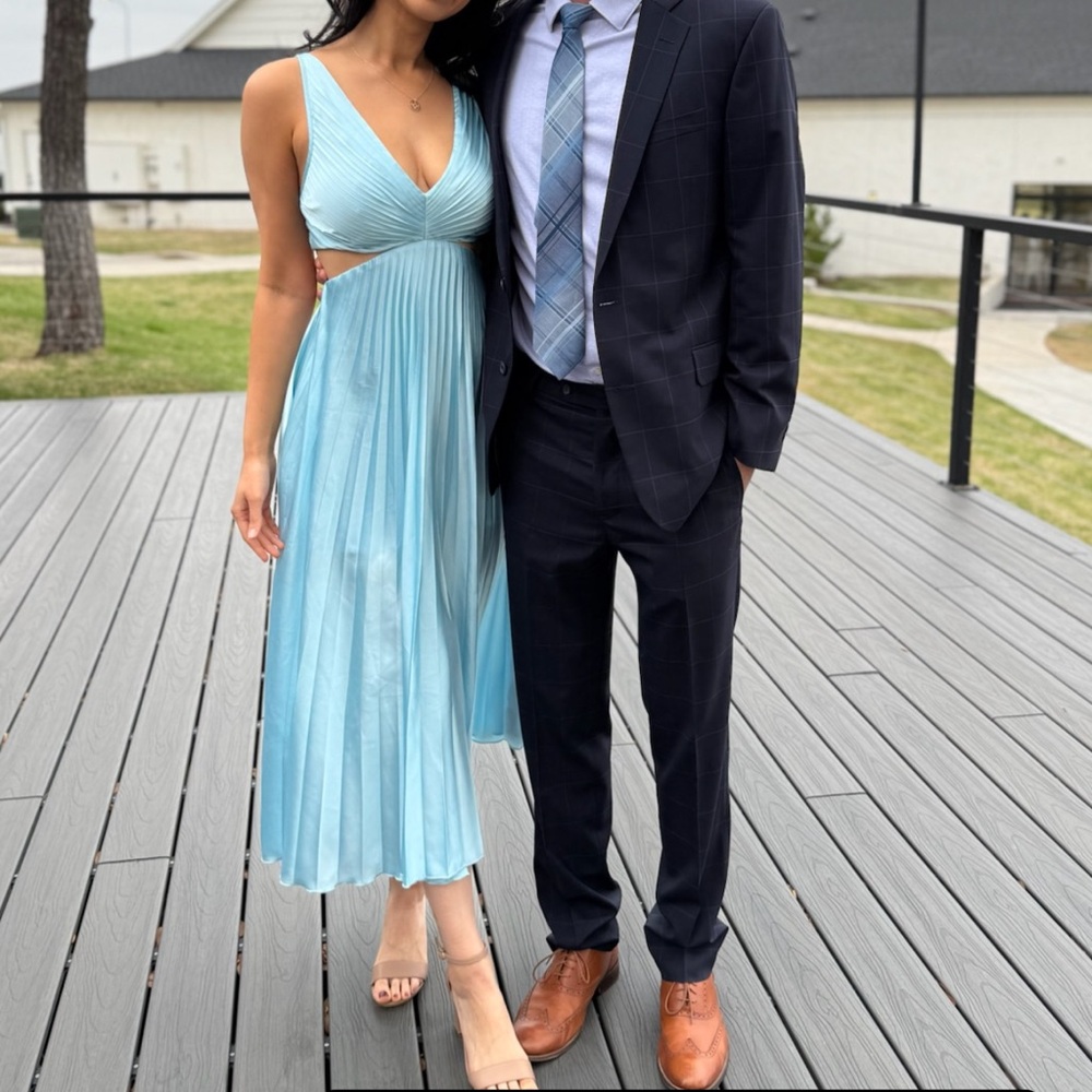 Abercrombie Giselle Satin V Neck Pleated Cut Out Maxi Dress Sky Blue
